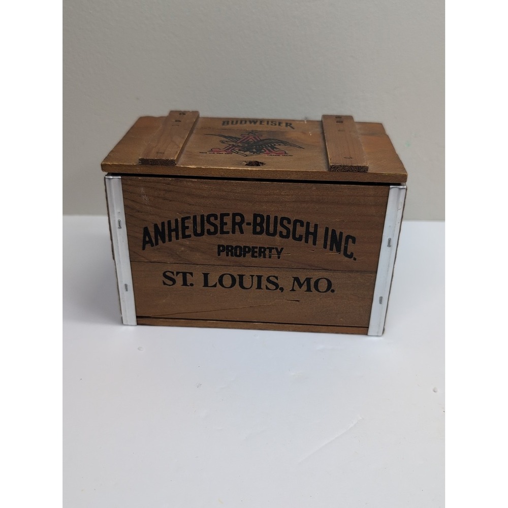 Vintage Mini Anheuser Busch Budweiser Small Wood Beer Crate Box w/ Hinged Lid 6"